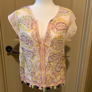Ivy Jane light pink, sheer v-neck, short sleeve cotton top. Size L.